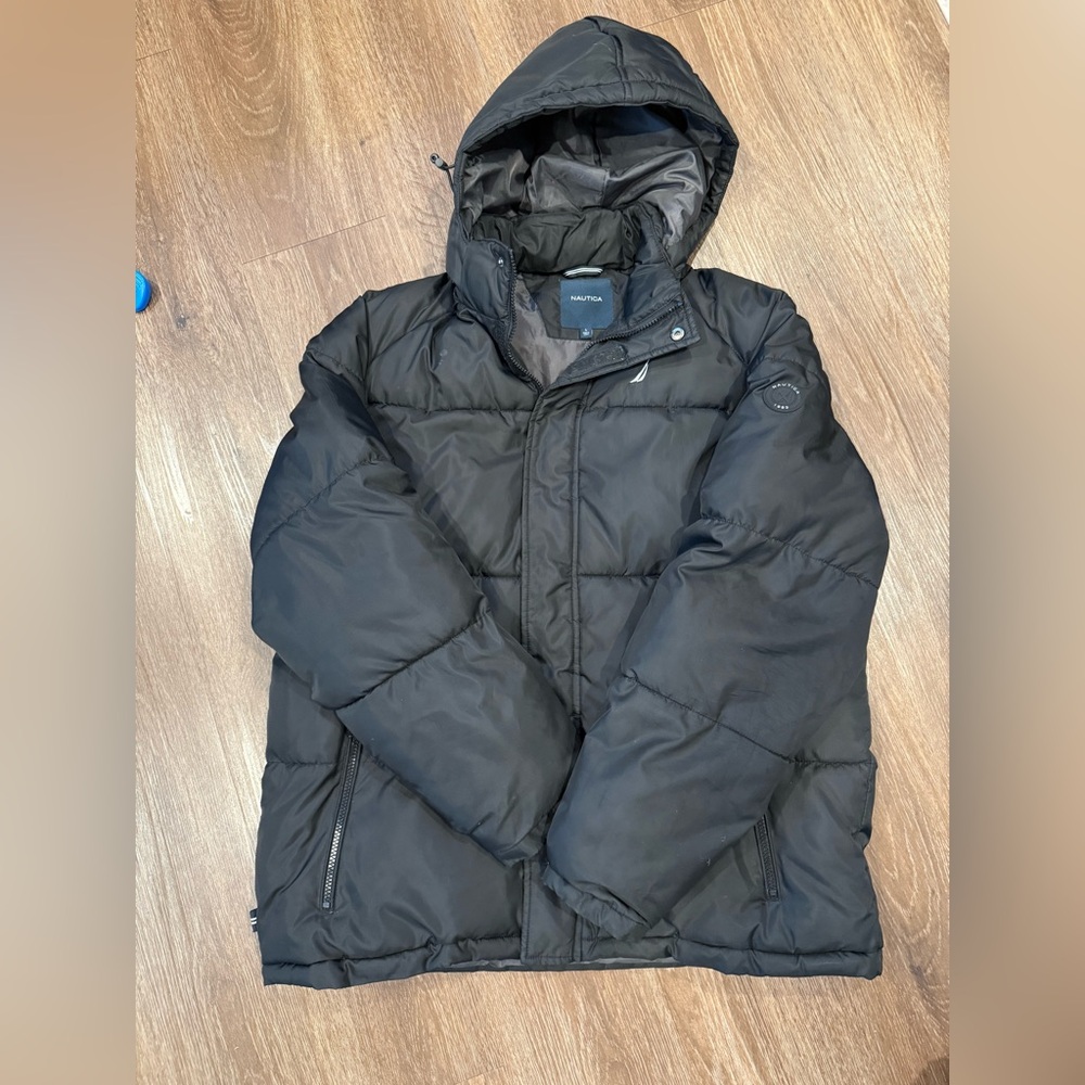 Nautica Men’s Black Puffer Jacket |Size L | Hooded Winter Coat